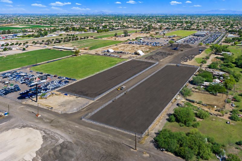 Aerial view of Gilbert Yards looking northwest toward downtown Phoenix